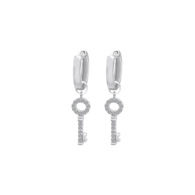 Sterling Silver Hoop Dangle CZ Key Charm Earrings