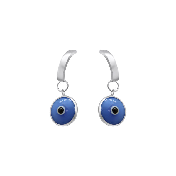 Sterling Silver Hoop With Purple Evil Eye Dangle Charm Earrings