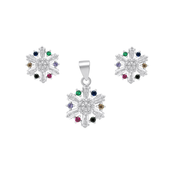 Sterling Silver Baguette Flower Colorful CZ Earring/Pendant Set