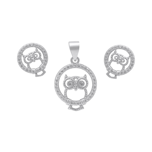 Sterling Silver Circle Cz Owl Pendant/Earring Set