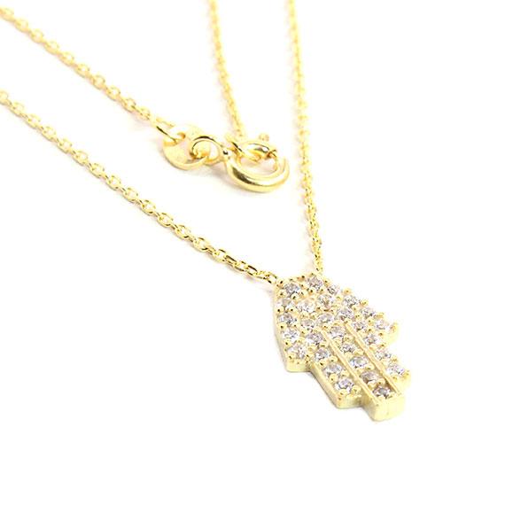 Gold Sterling Silver Hamsa Hand 0.5 (15 Mm) Necklace Decorated With Cz Stones.16 Chain Included - Atlanta Jewelers Supply