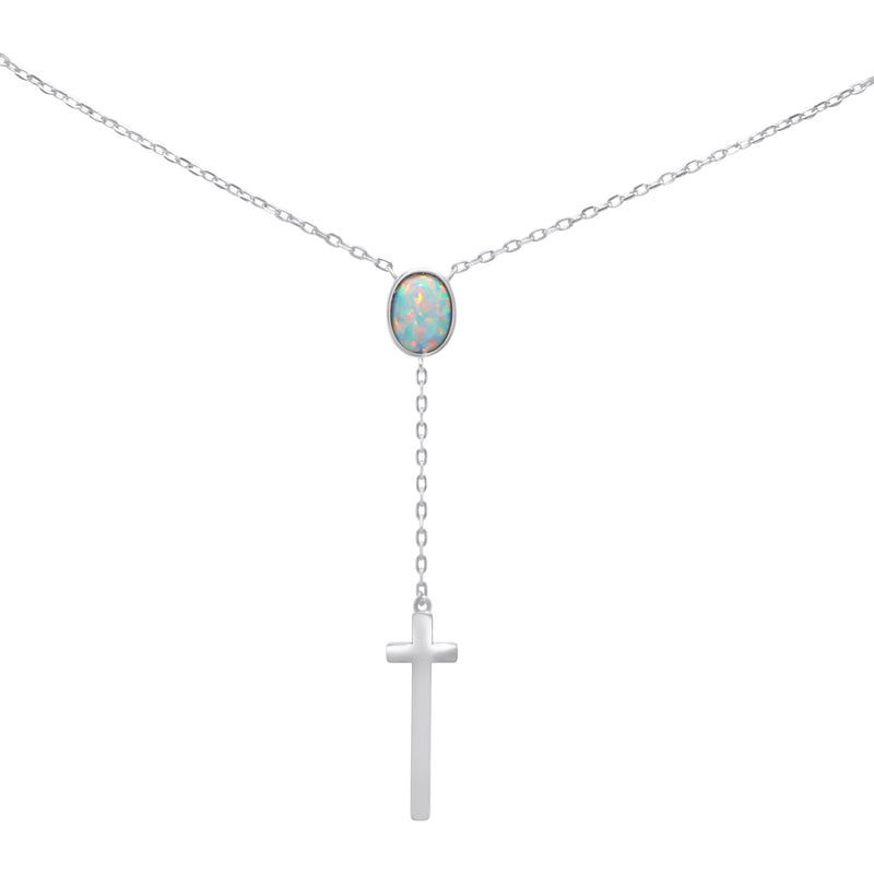 Sterling Silver Opal Drop Down Cross Necklace