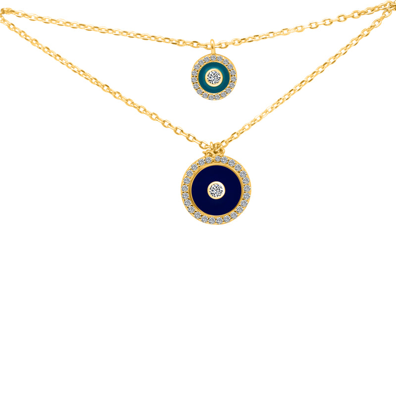 GOLD CZ ENAMEL EVIL EYE DISCS HALO DOUBLE LAYERED CABLE CHAIN CHARM NECKLACE
