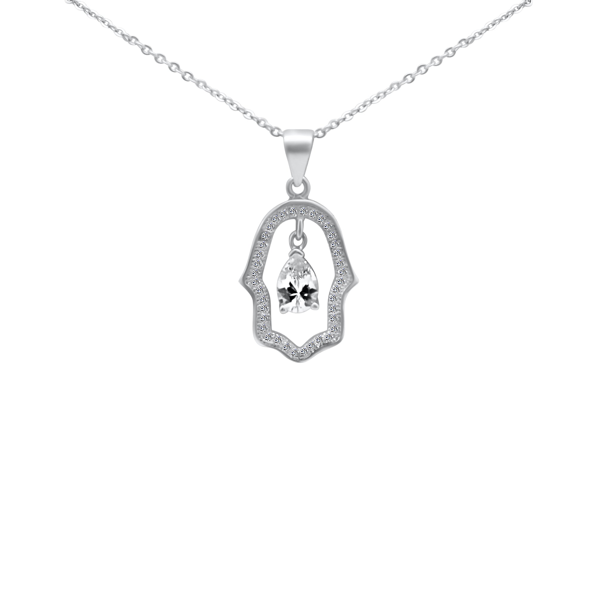 Sterling Silver Hamsa CZ Necklace with Large CZ Center