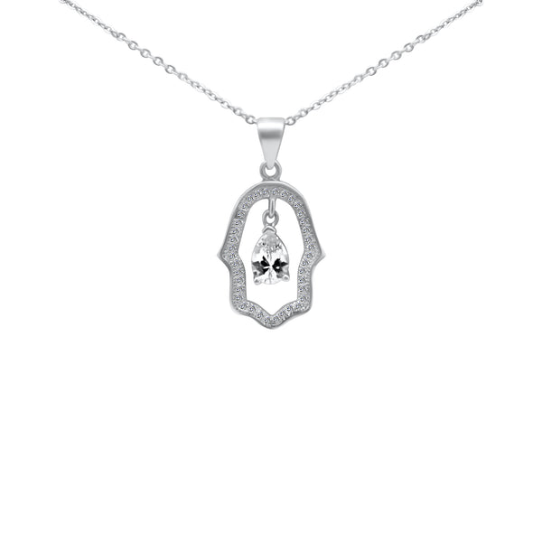 Sterling Silver Hamsa CZ Necklace with Large CZ Center
