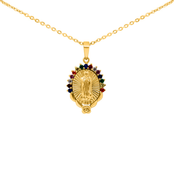 STERLING SILVER GOLD PLATED MULTI COLOR CZ VIRGIN MARY NECKLACE