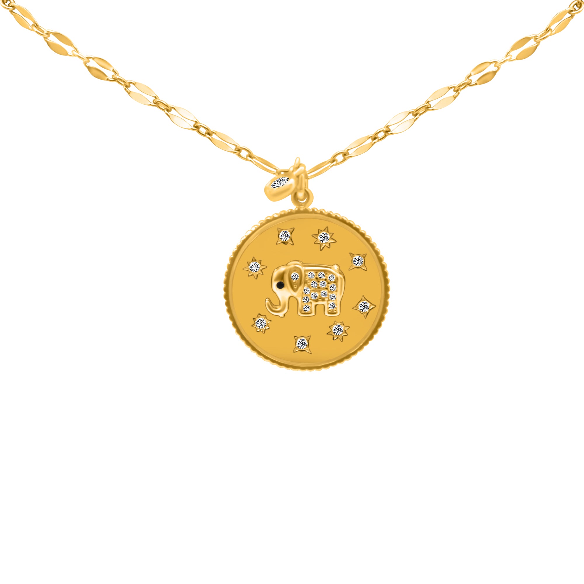 Sterling Silver Gold Plated CZ Elephant & Star Round Disc Lana Chain Necklace