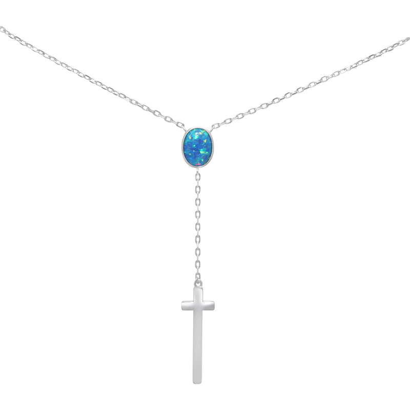 Sterling Silver Opal Drop Down Cross Necklace