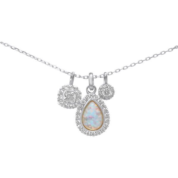 Sterling Silver 3 Charm Opal Tear Drop CZ Necklace