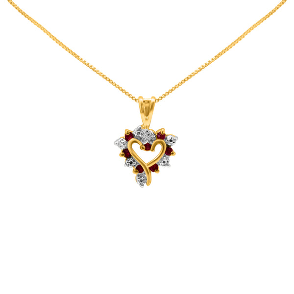 Sterling Silver Gold Plated Heart Necklace w/ Alternating Ruby/ CZ Gemstones