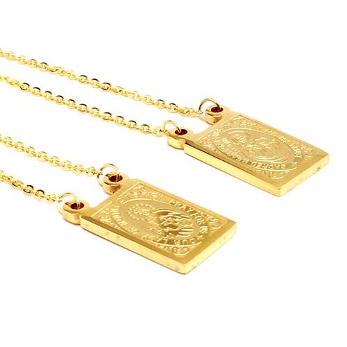 Stylish Stainless Steel Gold Double Chain With Two Rectangle Saint Pendants - Atlanta Jewelers Supply