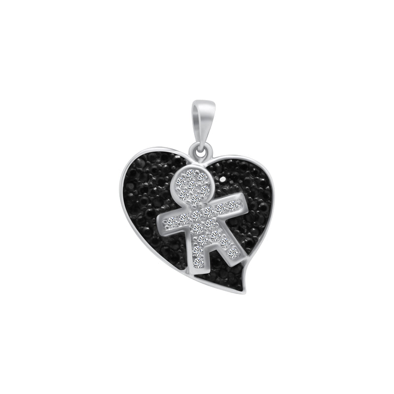 Stylish Sterling Silver 0.8 X 0.6; Boy Heart Pendant With Clear And Black Cz Mounted Stones