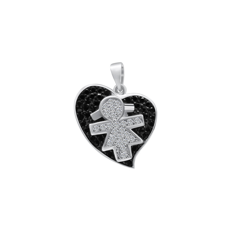 Stylish Sterling Silver 0.8 X 0.6; Girl Heart Pendant With Clear And Black Cz Mounted Stones