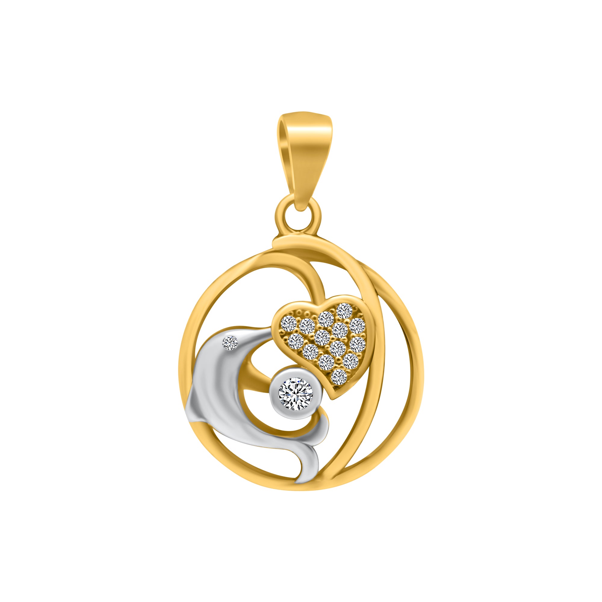 Sterling Silver Gold Plated Dolphin Heart Round Pendant