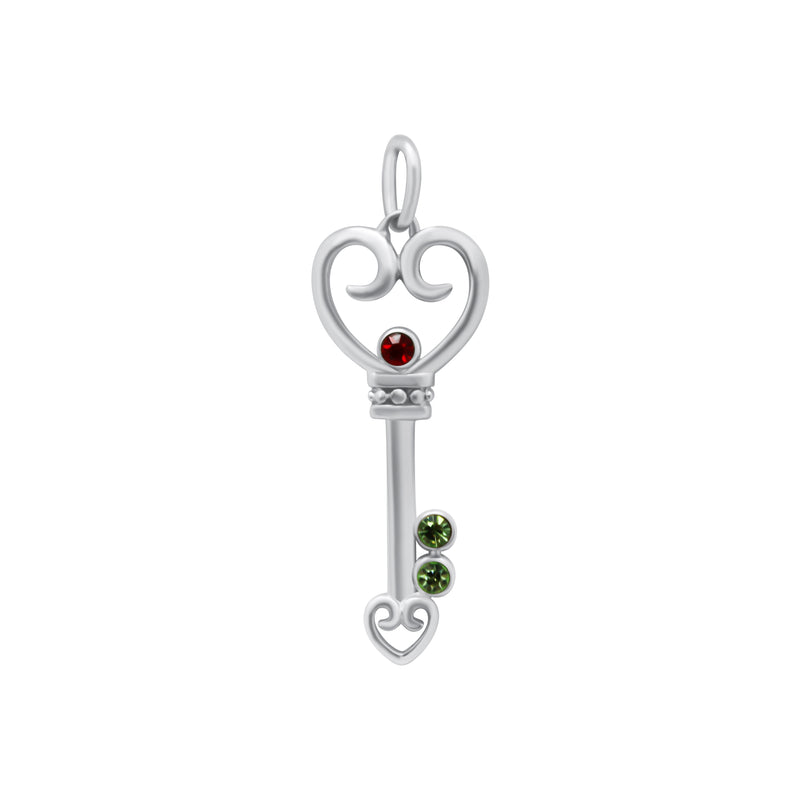 Sterling Silver Heart Key Red and Green Gemstone Pendant