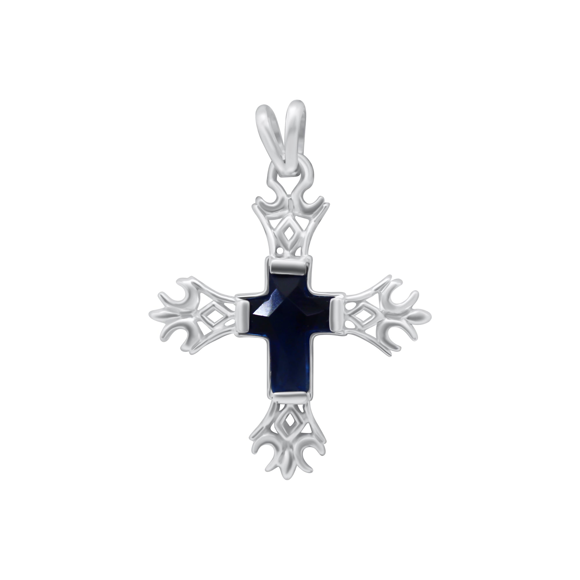 Sterling Silver Decorative Cross Pendant with Blue Stone Cross Center