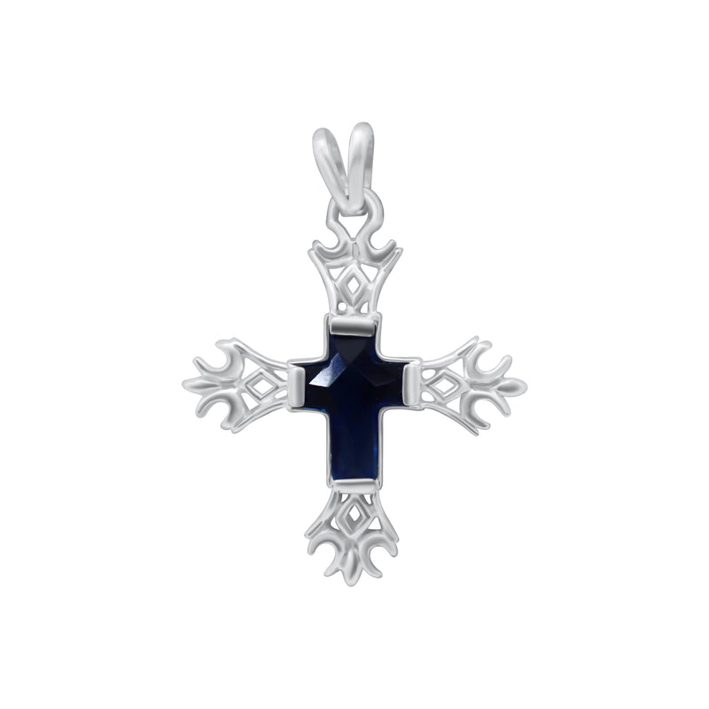 Sterling Silver Decorative Cross Pendant with Blue Stone Cross Center