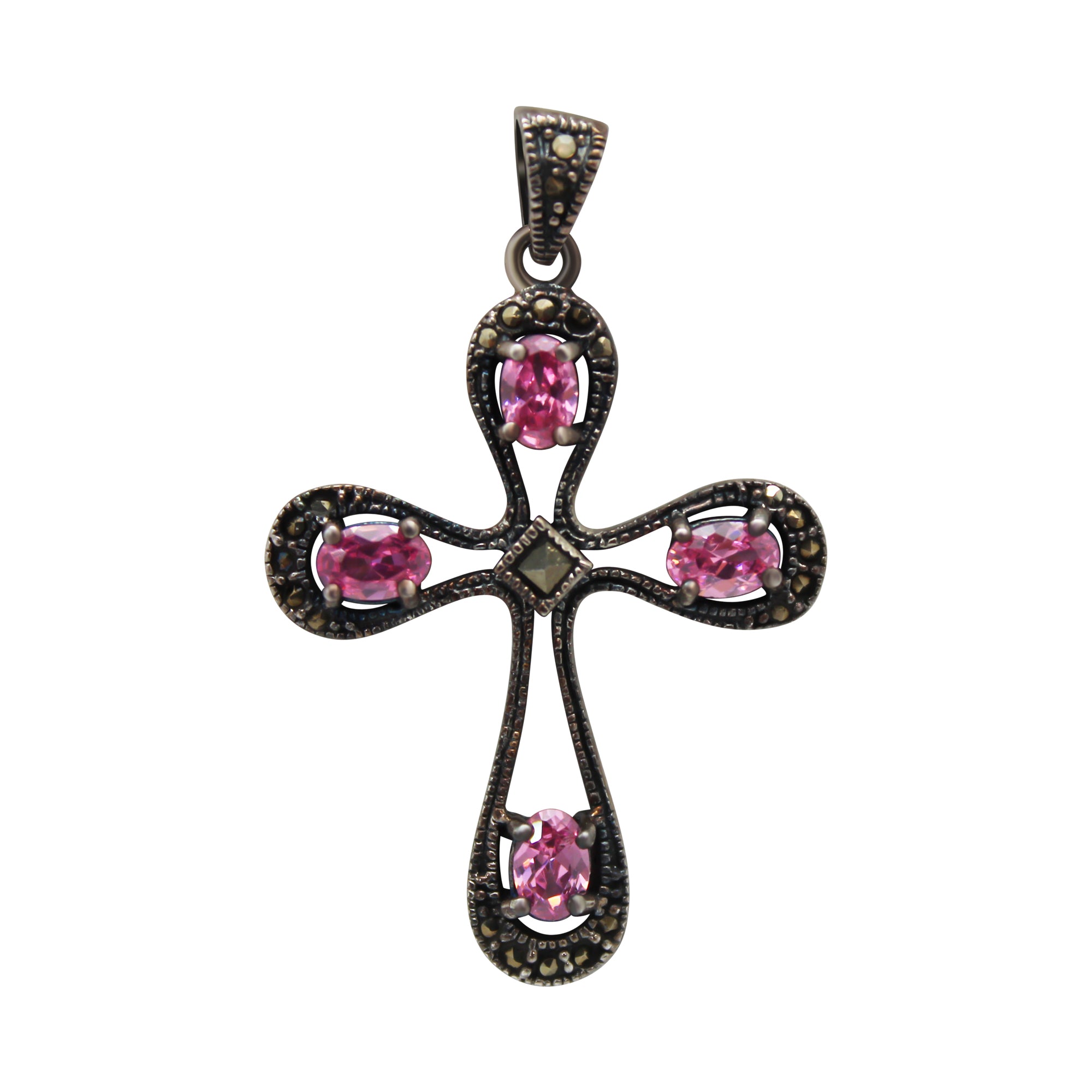 Sterling Silver Curved Cross Pendant with Pink Gemstones