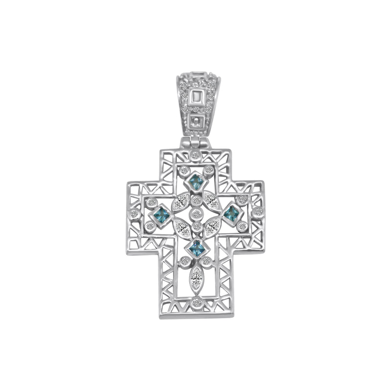 Sterling Silver Large Decorative Cross Pendant with 4 Small Light Blue Stones