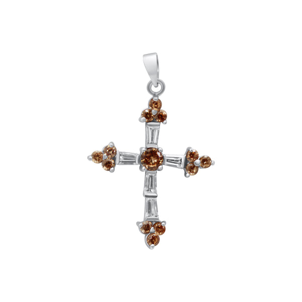 Sterling Silver Decorative Cross Pendant with Orange Gem Stones
