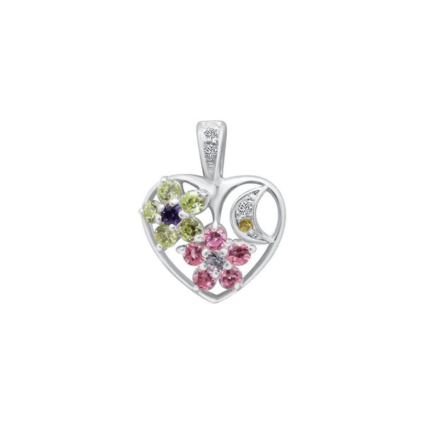 Sterling Silver Multi Color Flower and Crescent Moon Inside Heart Pendant