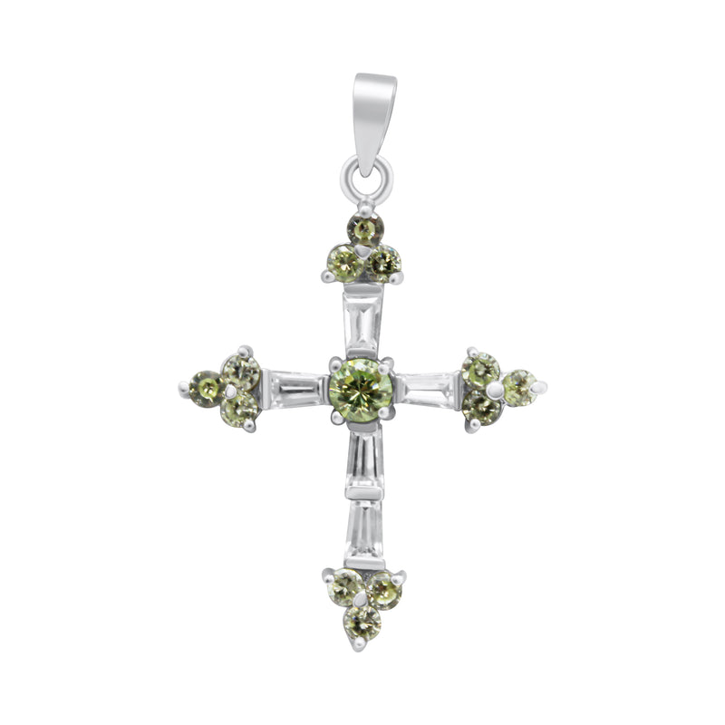 Sterling Silver Baguette Lime Green Stone Cross Pendant