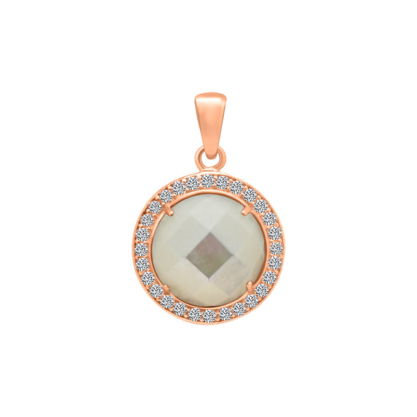 Sterling Silver Rose Gold Plated Circle CZ White Opal Pendant