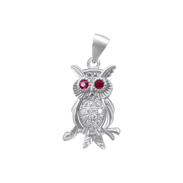 Sterling Silver Owl Red Eye Pendant