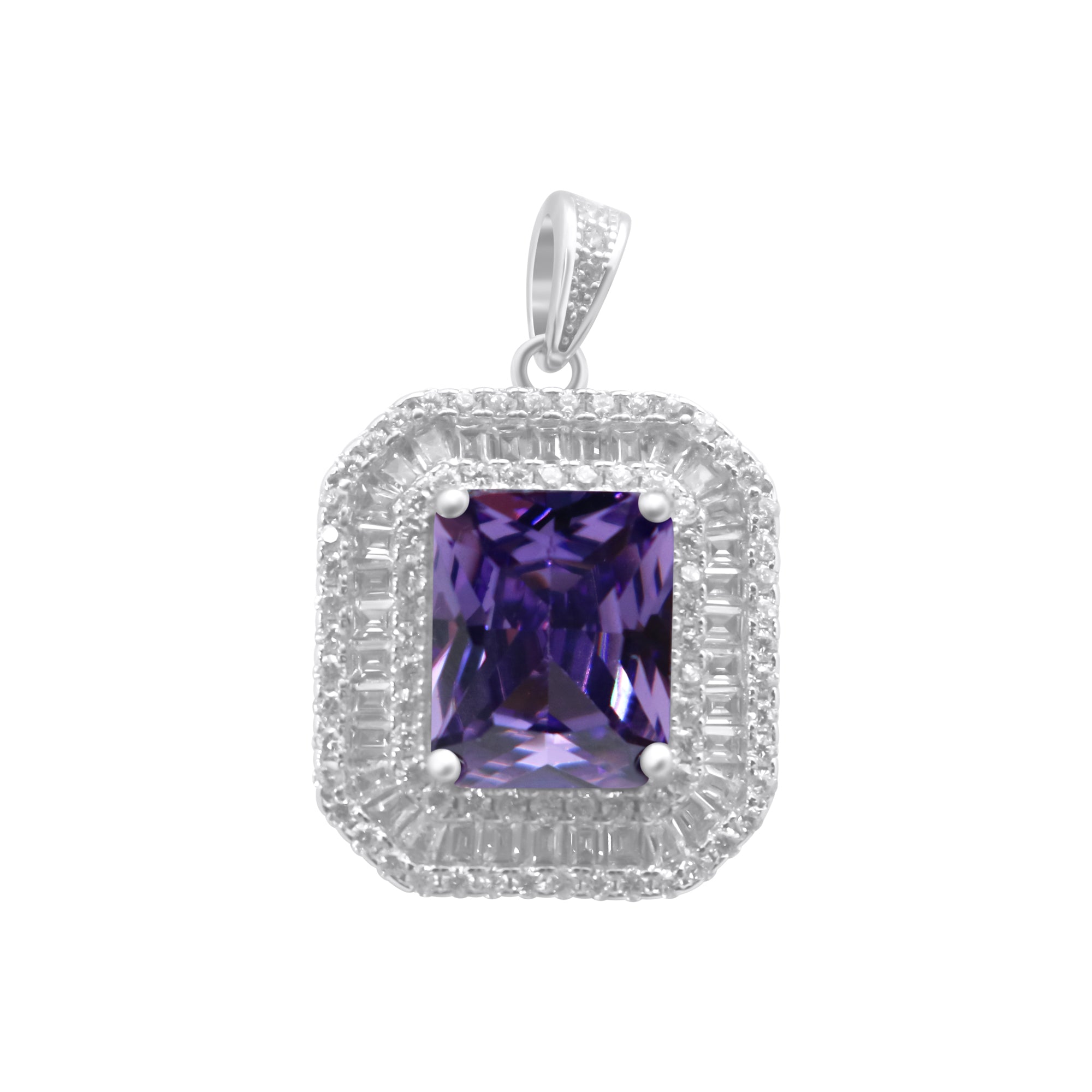 Sterling Silver Soft Rectangle Gem Stone Pendant w/ Baguette Border