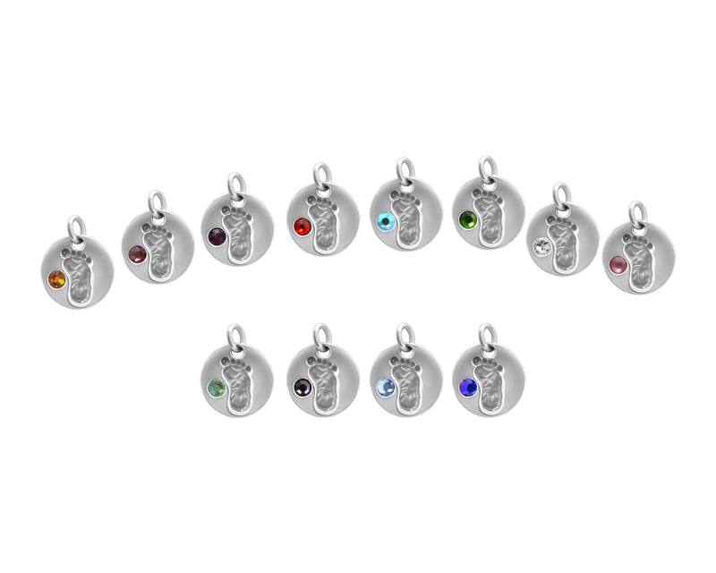 Sterling Silver Round Baby Foot BirthStone Pendant