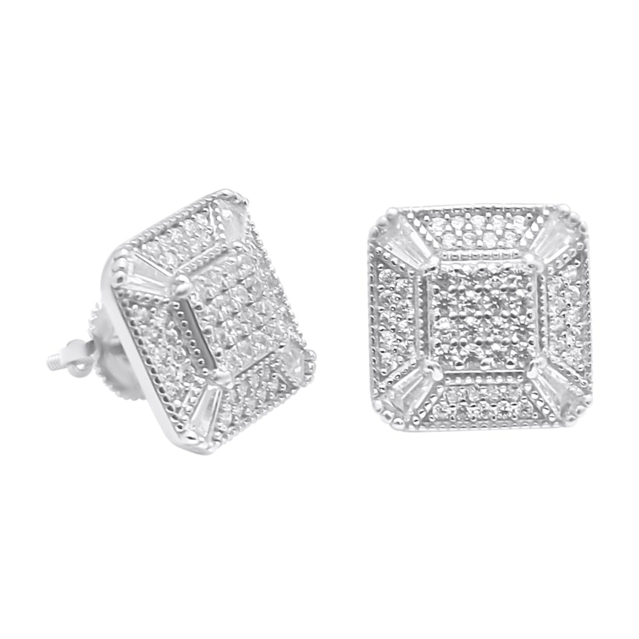 Sterling Silver CZ Square Screwback Studs (12mm)