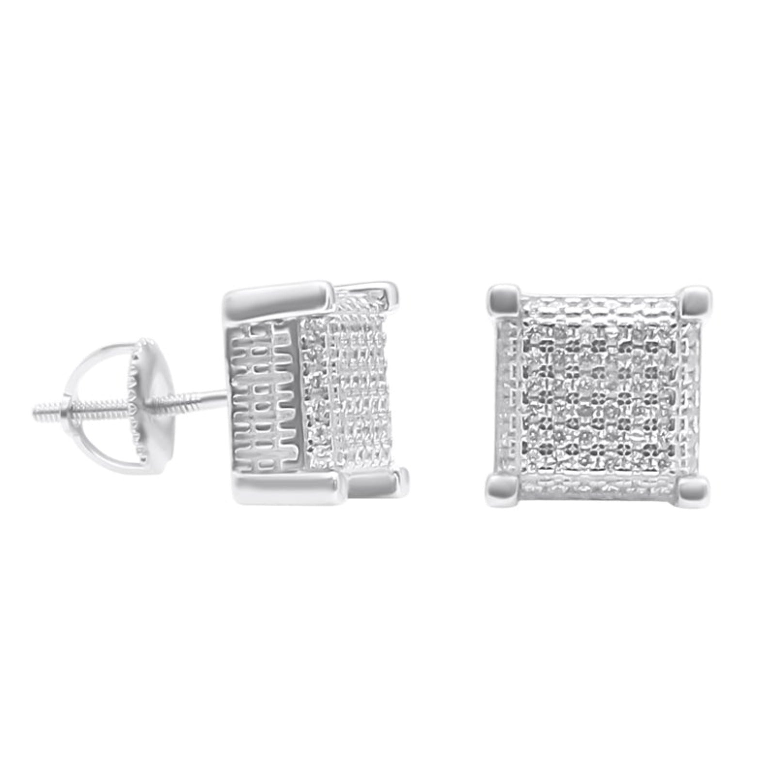 Sterling Silver CZ Square Basket Setting Screwback Studs (9.5mm)