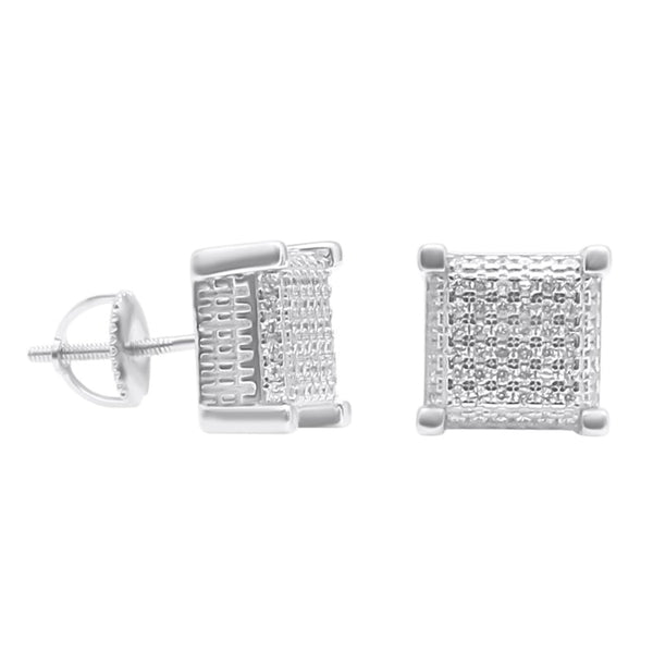 Sterling Silver CZ Square Basket Setting Screwback Studs (9.5mm)