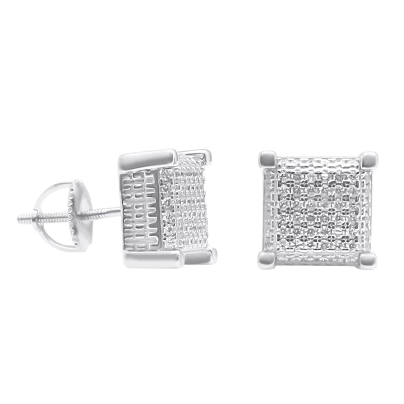 Sterling Silver CZ Square Basket Setting Screwback Studs (9.5mm)