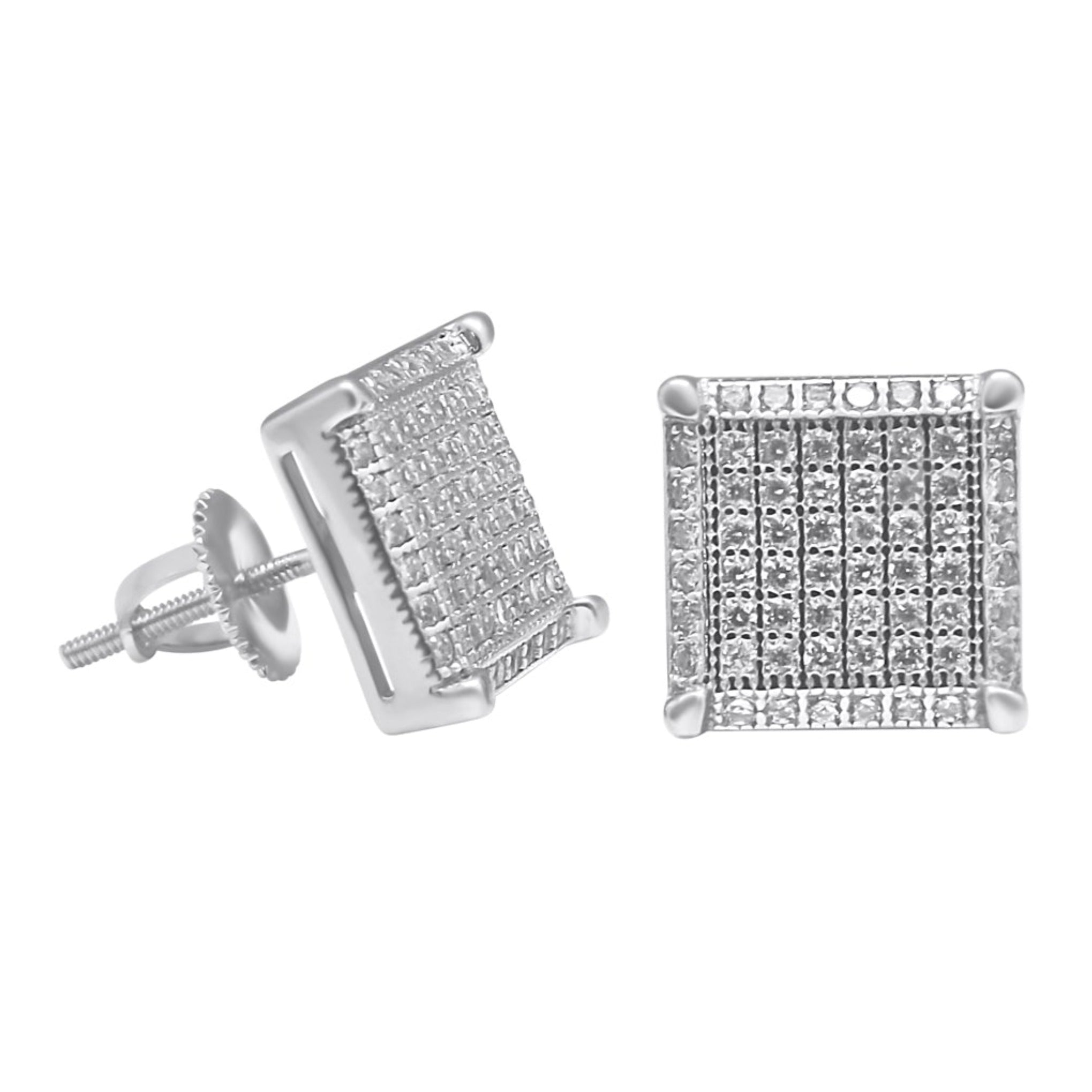 Sterling Silver Square Basket Setting CZ Screwback Studs (10.5mm)