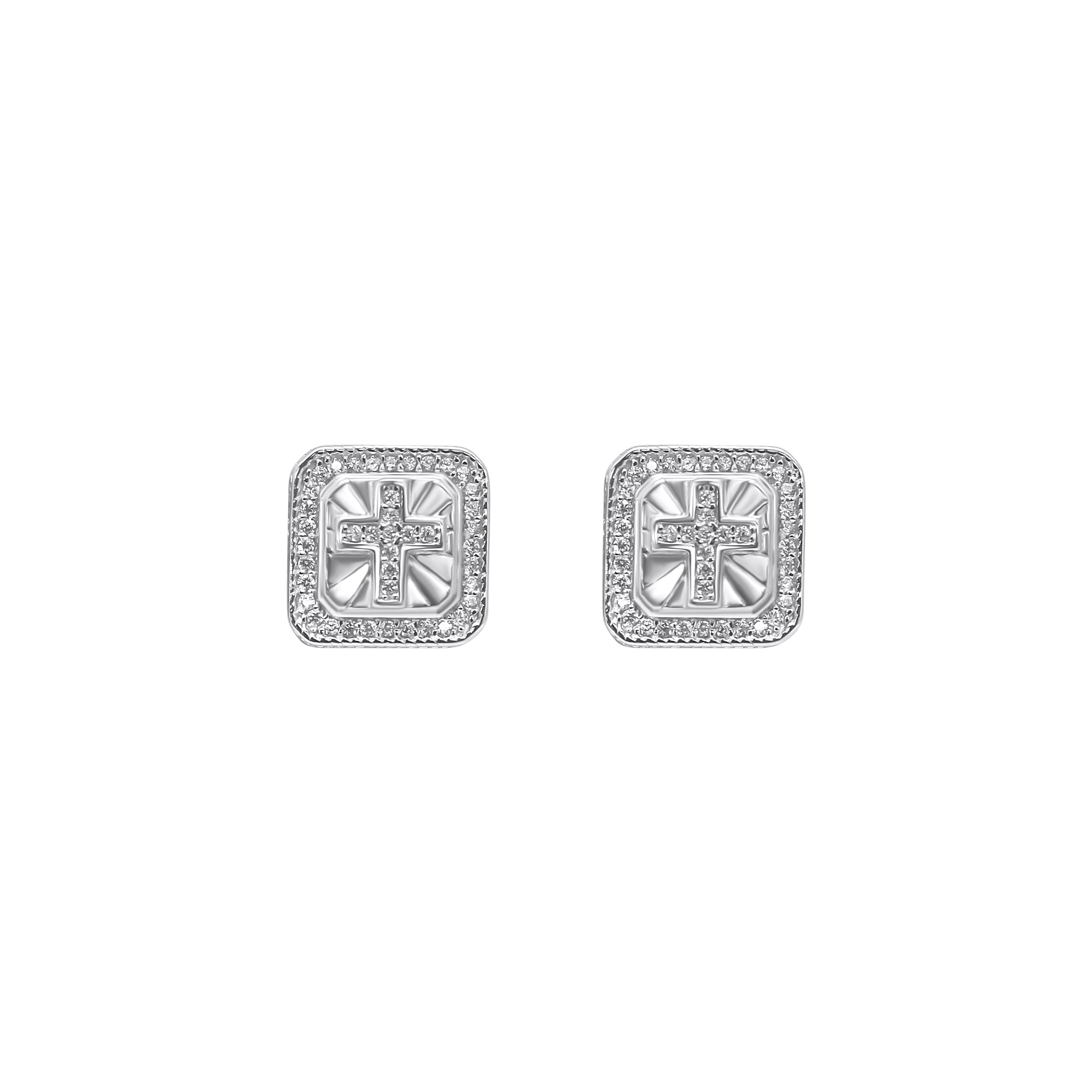 Sterling Silver Square W/ Cross  CZ Screwback Studs (12mm)