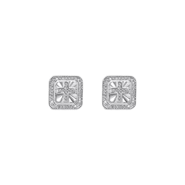 Sterling Silver Square W/ Cross  CZ Screwback Studs (12mm)