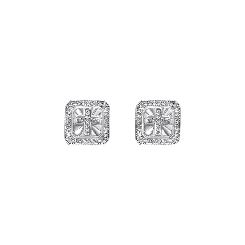 Sterling Silver Square W/ Cross  CZ Screwback Studs (12mm)
