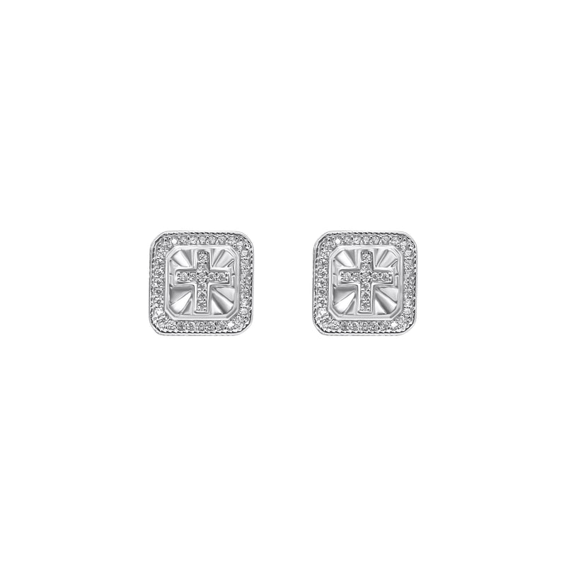 Sterling Silver Square W/ Cross  CZ Screwback Studs (12mm)