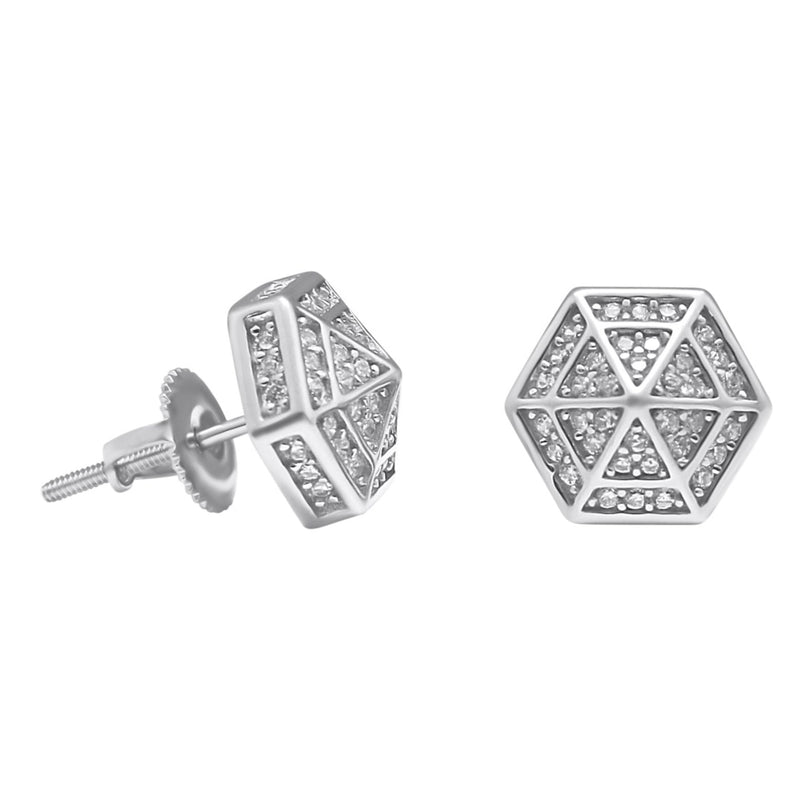 Sterling Silver Hexagon Web Design CZ Screwback Studs