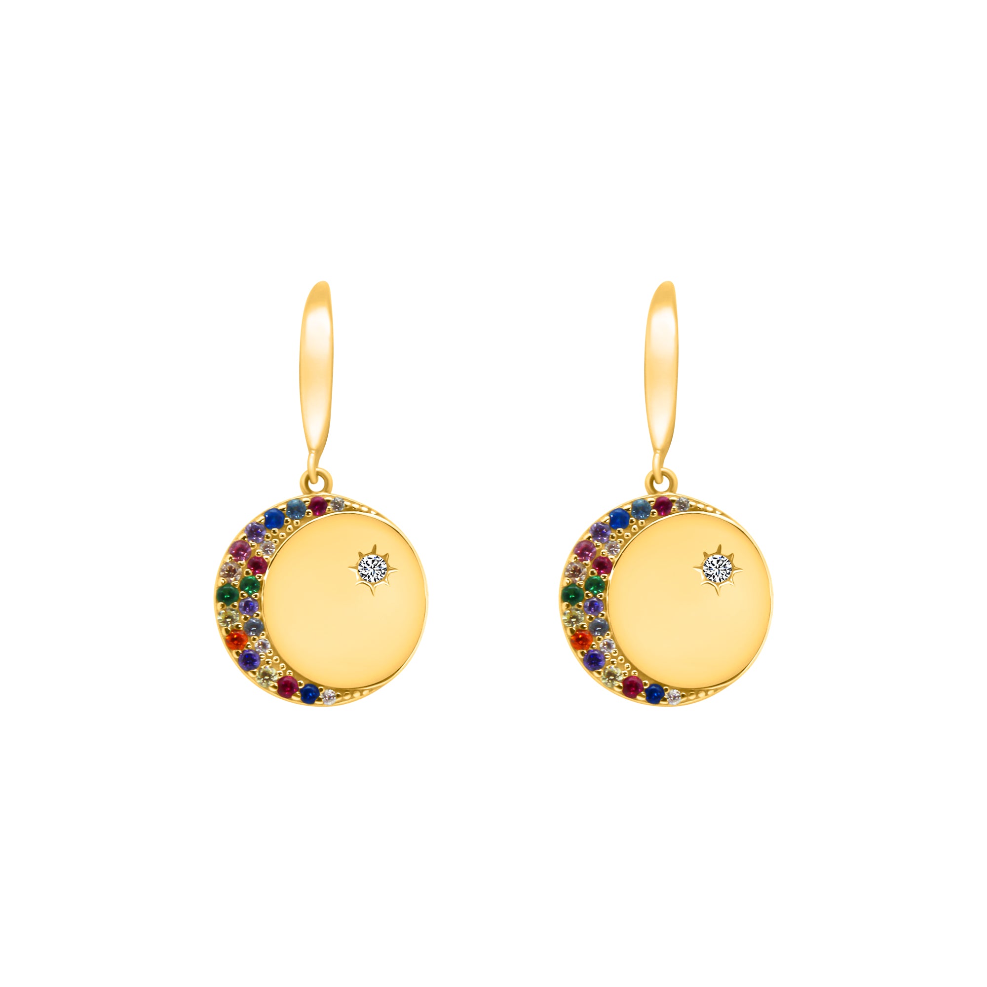 MULTI COLOR CZ CRESCENT & STAR DESIGN DISC DANGLE EARRING