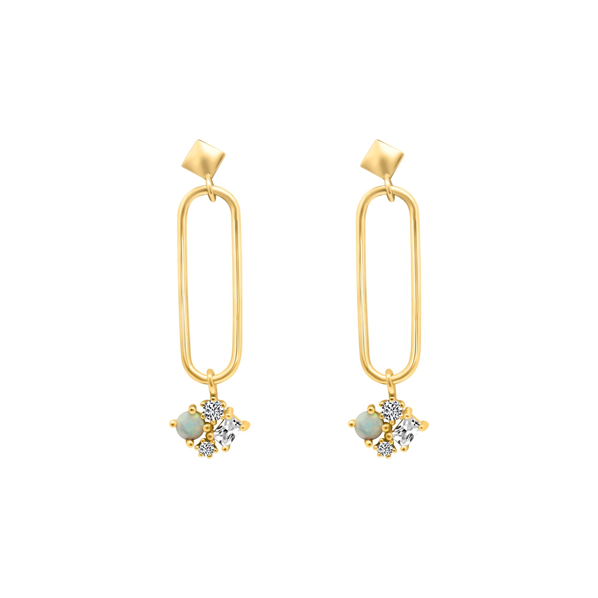 CZ & OPAL PYRAMID SHAPED & DANGLING CLUSTER EARRING
