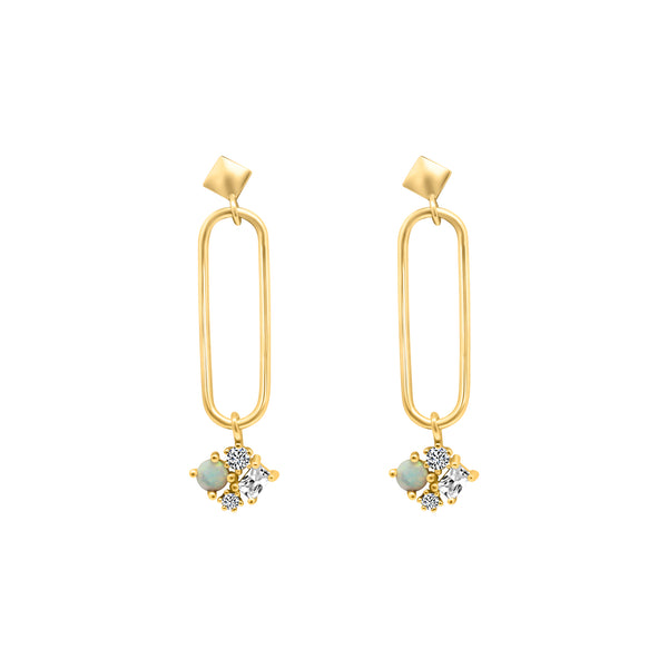 CZ & OPAL PYRAMID SHAPED & DANGLING CLUSTER EARRING