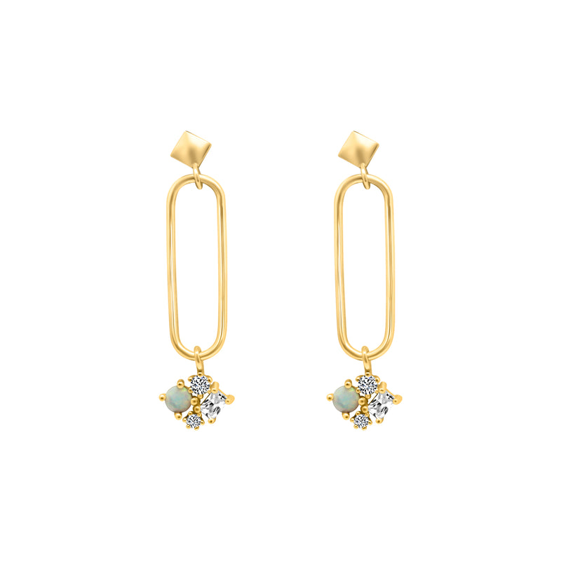 CZ & OPAL PYRAMID SHAPED & DANGLING CLUSTER EARRING