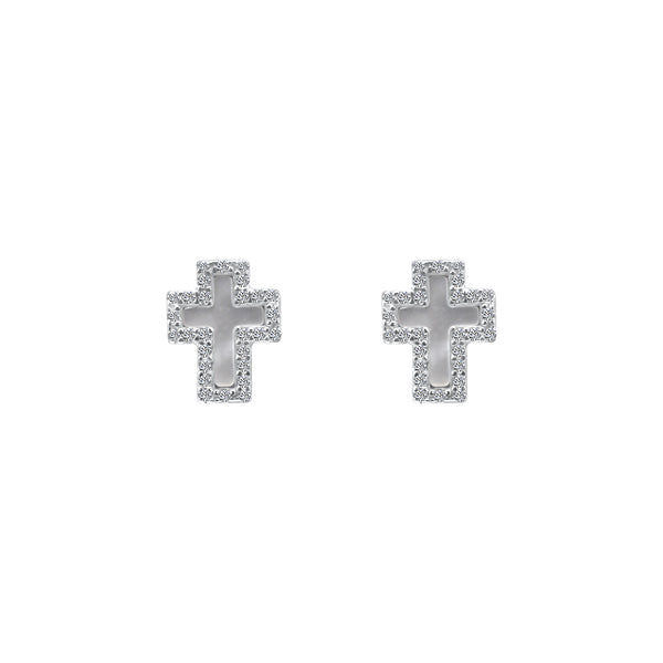 Sterling Silver CZ Mother of Pearl Cross Earrings