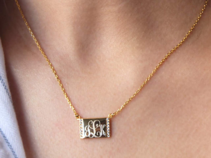 Sterling Silver Engravable Rectangular Face Necklace with Two Sides CZ - Atlanta Jewelers Supply