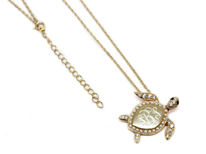 Elegant Engraved Sterling Silver Pearl and CZ Turtle Necklace - Atlanta Jewelers Supply