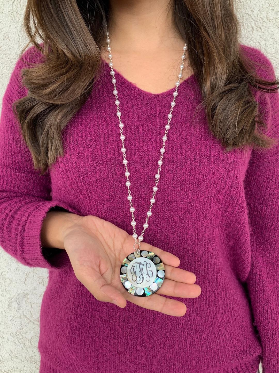 Engravable Non Silver Abalone Engraved Round Pendant With Pearl Chain Necklace - Atlanta Jewelers Supply