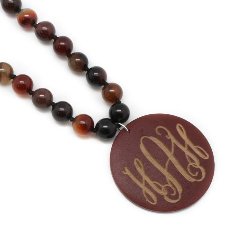 Beaded Clear Red Marble Necklace with Monogrammed Red Wood Pendant - Atlanta Jewelers Supply
