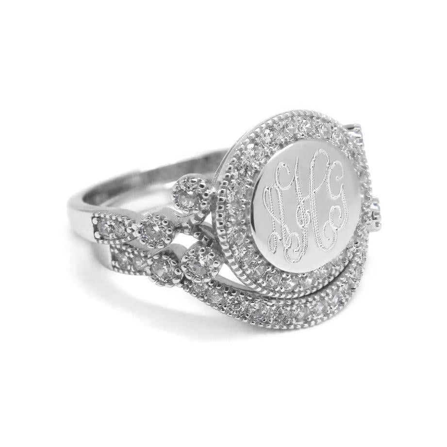 Enthralling Engravable Jasmine Sterling Silver Circle 3 diamond delight CZ Ring with Curved wrap around Band - Atlanta Jewelers Supply